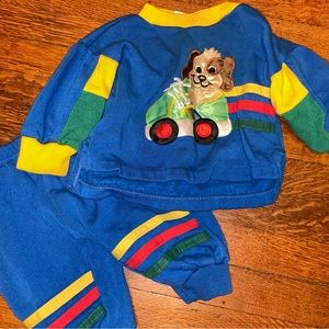 Vintage blue primary color stripe dog in roller skate 80s 90s baby outfit